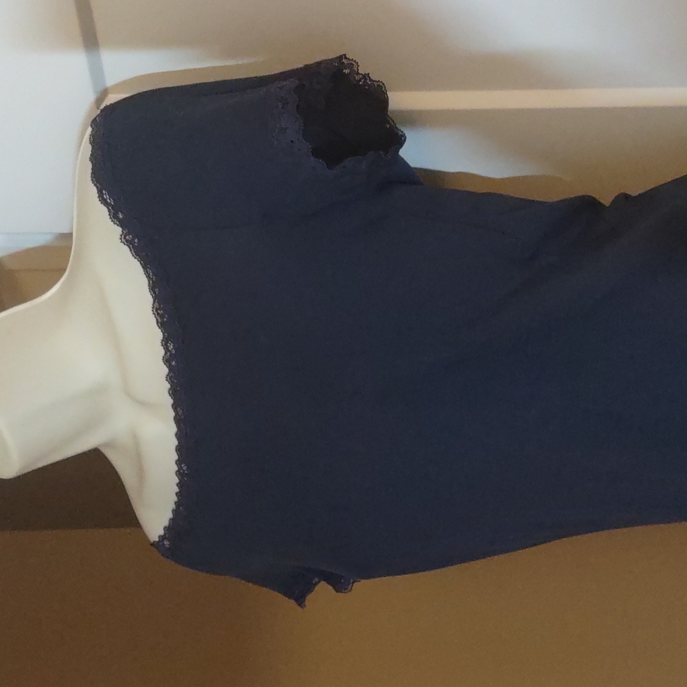 Dark Dusty Blue Off-Shoulder Lace Trim Cap Sleeve Women's Top - MEDIUM